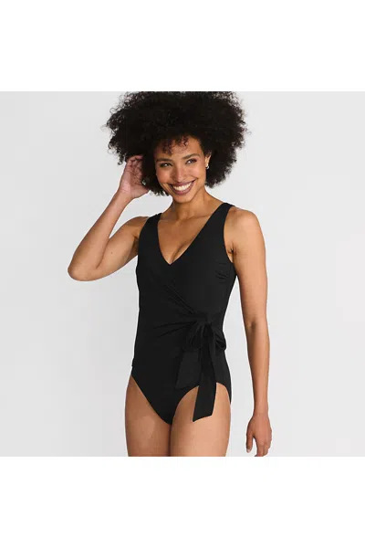Lands' End Women's Petite Side Tie Wrap One Piece Swimsuit In Black