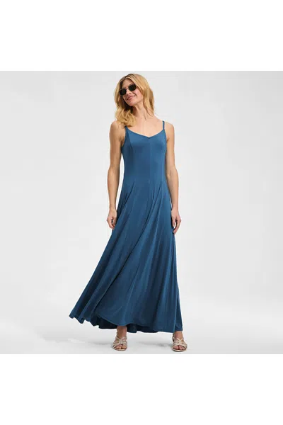 Lands' End Women's Petite Silky Knit Godet Maxi Dress In Blue