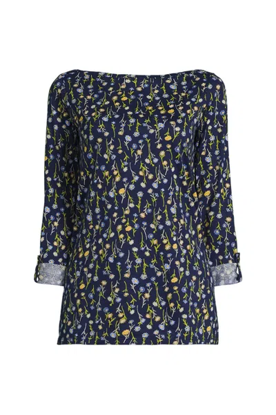 Lands' End Women's Petite Size Supima Cotton Adjustable 3/4 Sleeve Boatneck Tunic In Blue