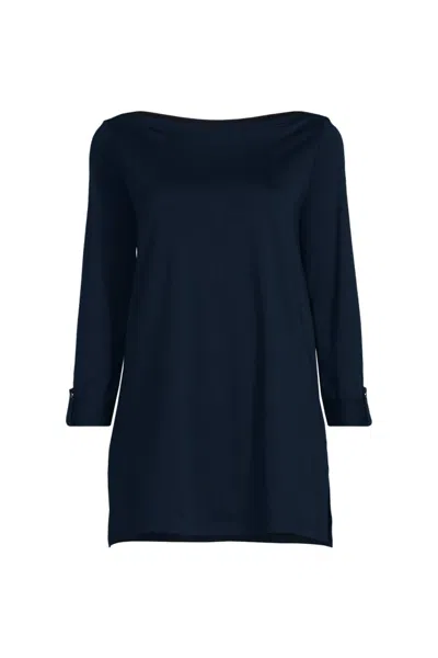 Lands' End Women's Petite Size Supima Cotton Adjustable 3/4 Sleeve Boatneck Tunic In Blue