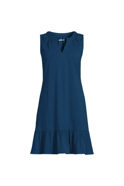 Lands' End Women's Petite Sleeveless Cotton Jersey Notch Neck Flounce Dress In Blue