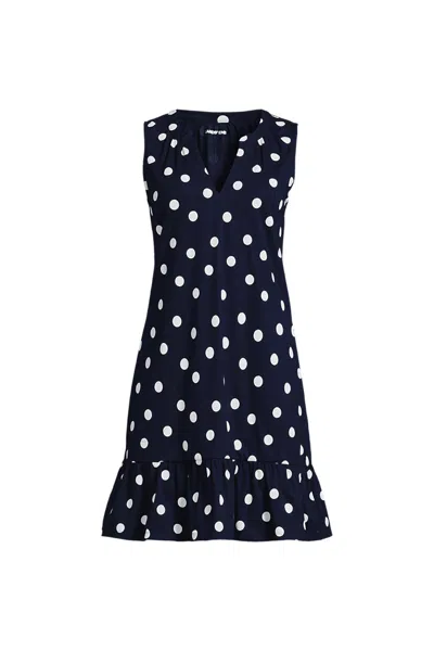 Lands' End Women's Petite Sleeveless Cotton Jersey Notch Neck Flounce Dress In Blue