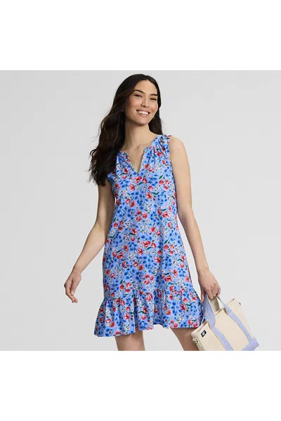 Lands' End Women's Petite Sleeveless Cotton Jersey Notch Neck Flounce Dress In Blue