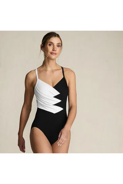 Lands' End Women's Petite Slendersuit Pleated Low Leg One Piece Swimsuit In Black
