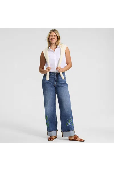 Lands' End Women's Petite Soft Denim High Rise Wide Leg Embroidery Jeans In Blue