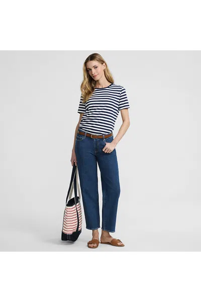 Lands' End Women's Petite Soft Denim Mid Rise Relaxed Straight Crop Jeans In Blue