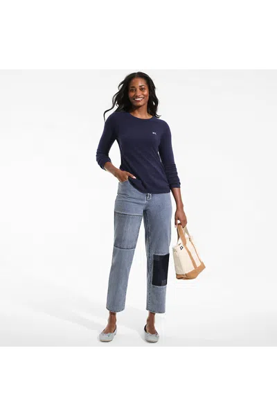 Lands' End Women's Petite Soft Denim Mid Rise Relaxed Straight Crop Patchwork Jeans In Blue