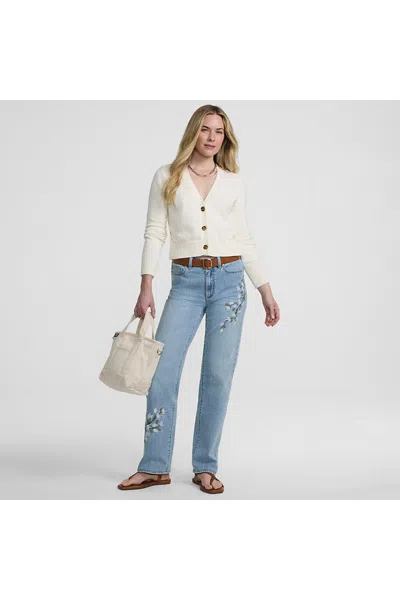 Lands' End Women's Petite Soft Denim Mid Rise Relaxed Straight Leg Embroidered Jeans In Blue