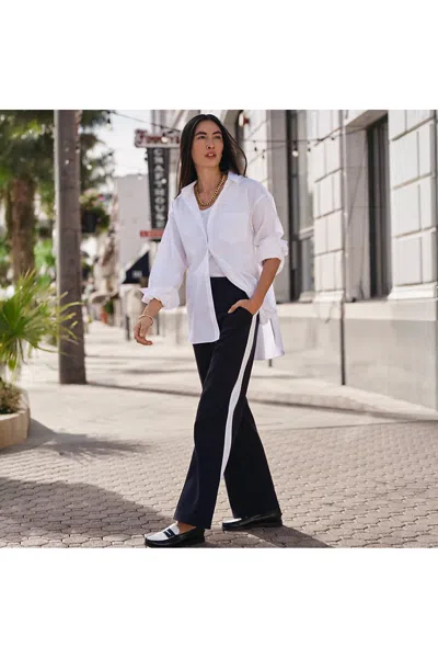 Lands' End Women's Petite Sport Knit High Rise Relaxed Straight Leg Side Stripe Pants In Black