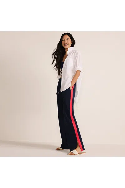 Lands' End Women's Petite Sport Knit High Rise Relaxed Straight Leg Side Stripe Pants In Blue