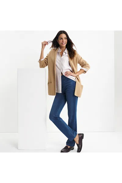 Lands' End Women's Petite Starfish High Rise Knit Denim Straight Jeans In Blue