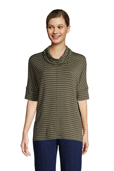 Lands' End Women's Petite Super Soft Elbow Sleeve Cowl Neck Pullover Top In Green