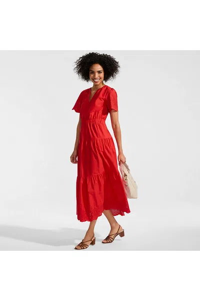 Lands' End Women's Petite Tiered Cotton Poplin Eyelet Maxi Dress In Red