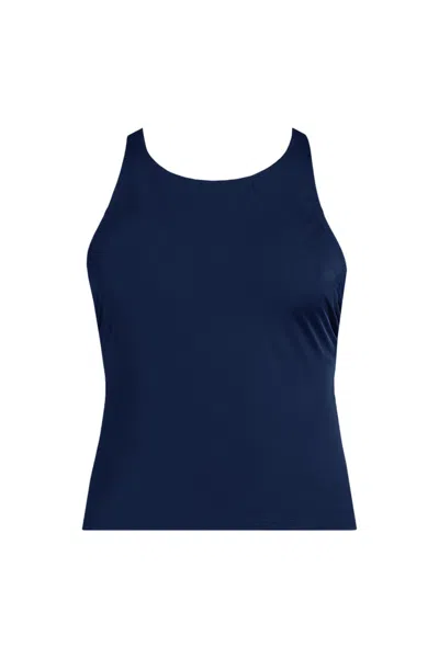 Lands' End Women's Petite Tugless High Neck Strappy Back Tankini Top In Blue