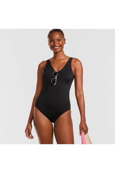 Lands' End Women's Petite Tugless V-neck High Leg One Piece Swimsuit In Black