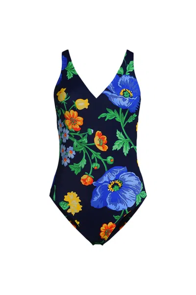 Lands' End Women's Petite Tugless V-neck High Leg One Piece Swimsuit In Blue