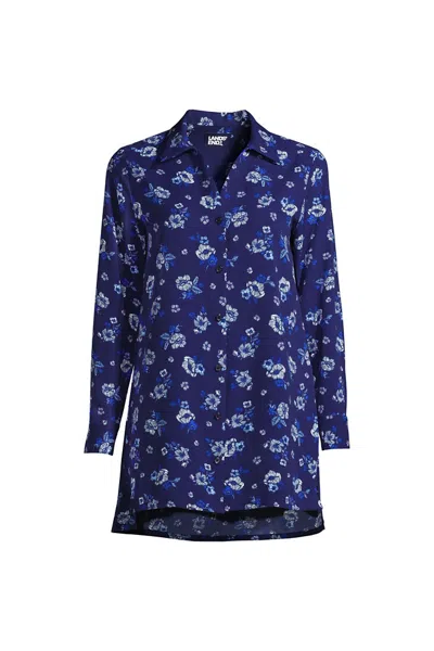 Lands' End Women's Petite V-neck Spread Collar Tunic Blouse In Blue