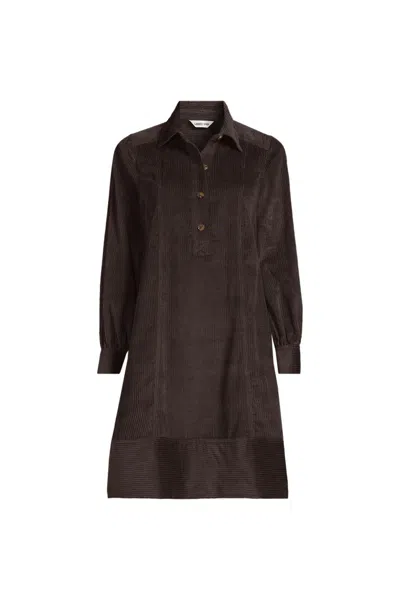 Lands' End Women's Petite Wide Wale Cord Popover Long Sleeve Shirt Dress In Brown