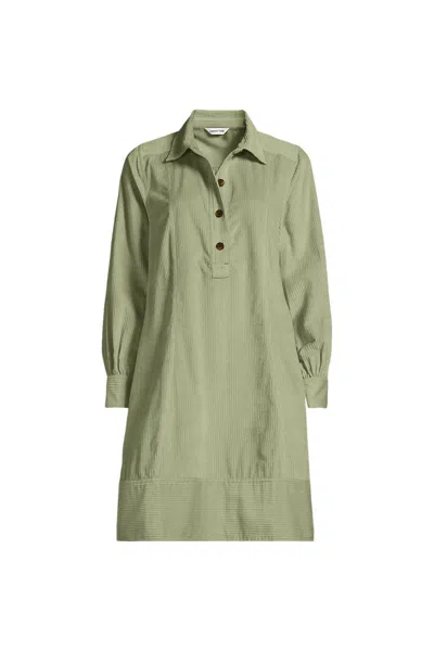Lands' End Women's Petite Wide Wale Cord Popover Long Sleeve Shirt Dress In Green