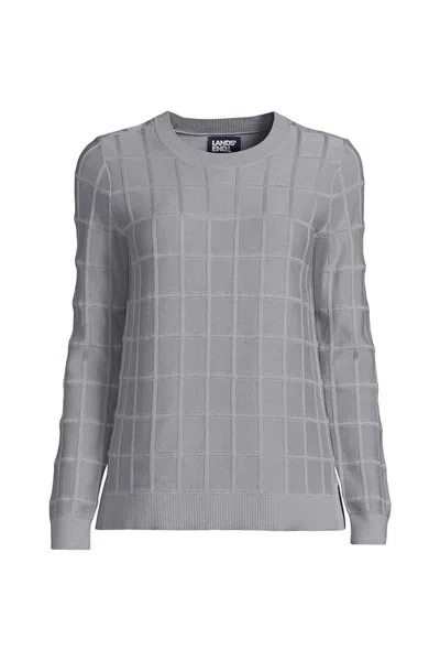 Lands' End Women's Petite Windowpane Textured Pullover Crew Sweater In Gray