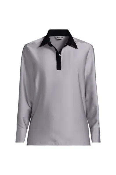 Lands' End Women's Plus Charmeuse Long Sleeve Contrast Collar Blouse In Gray