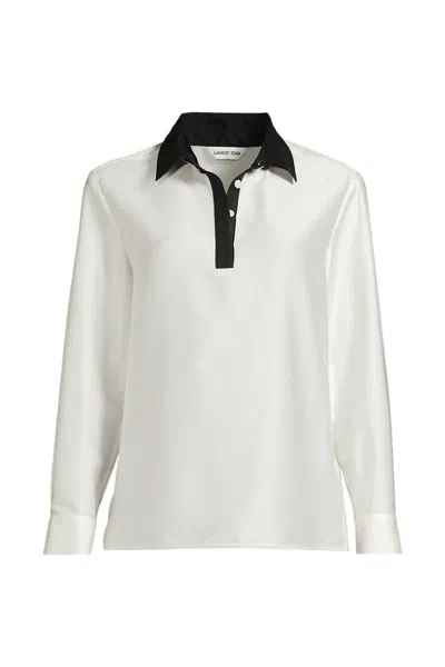 Lands' End Women's Plus Charmeuse Long Sleeve Contrast Collar Blouse In White