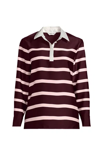 Lands' End Women's Plus Charmeuse Long Sleeve Contrast Collar Blouse In Burgundy