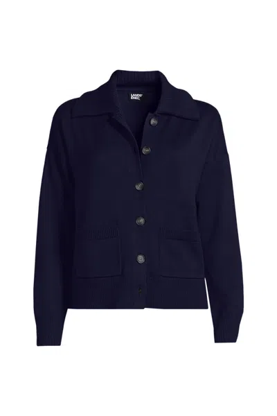 Lands' End Women's Plus Cotton Modal Collared Rib Cardigan Sweater In Blue