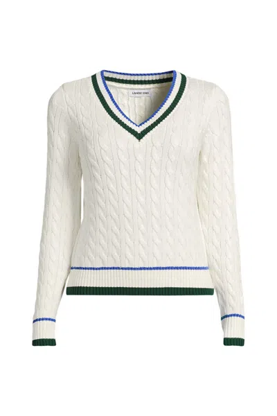 Lands' End Women's Plus Drifter Cable V-neck Sweater In Ivory
