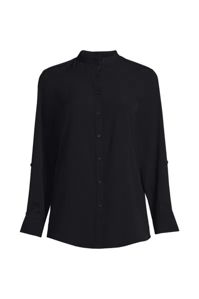 Lands' End Women's Plus Poly Crepe Long Sleeve Stand Collar Button Down Blouse In Black