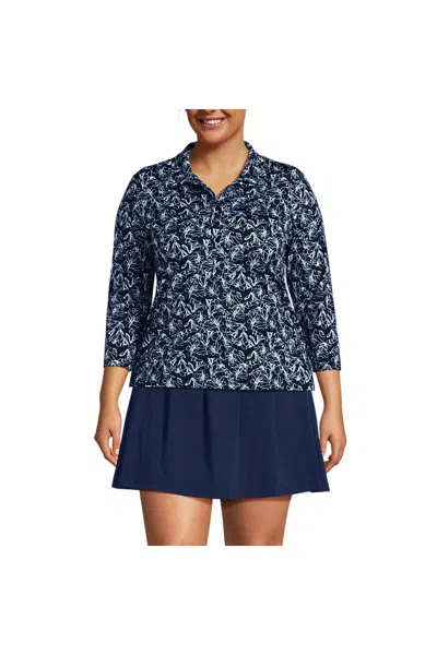 Lands' End Women's Plus Size 3/4 Sleeve Active Polo Shirt In Blue