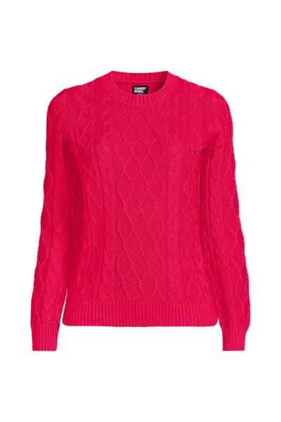 Lands' End Women's Plus Size Aran Cable Crew Neck Sweater In Pink