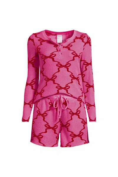 Lands' End Women's Plus Size Brushed Cozy Waffle 2 Piece Pajama Set - Long Sleeve Top And Shorts In Pink