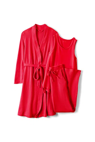 Lands' End Women's Plus Size Brushed Cozy Waffle Jersey 3 Piece Pajama Set - Tank Top Pant And Robe In Red
