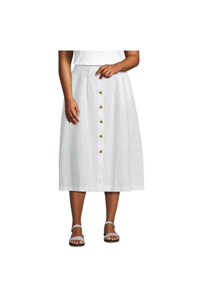 Lands' End Women's Plus Size Button Front Linen Midi Skirt In Multi