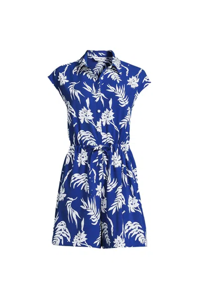 Lands' End Women's Plus Size Cap Sleeve Creaseless Button-down Romper In Blue