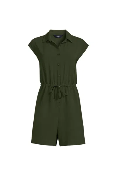 Lands' End Women's Plus Size Cap Sleeve Creaseless Button-down Romper In Green