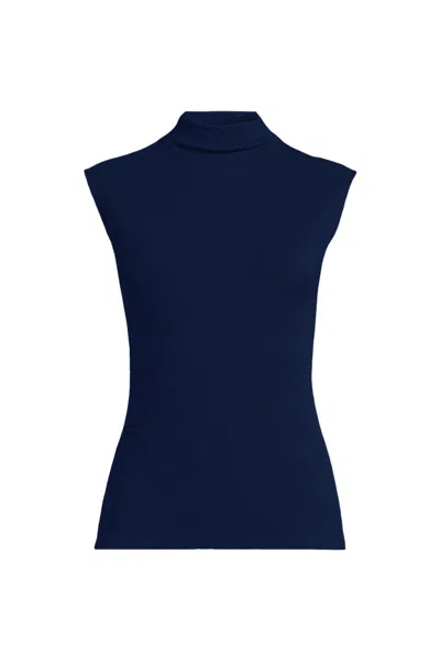 Lands' End Women's Plus Size Cap Sleeve Drapey Rib Fitted Funnel Neck Tank In Blue