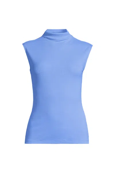 Lands' End Women's Plus Size Cap Sleeve Drapey Rib Fitted Funnel Neck Tank In Blue