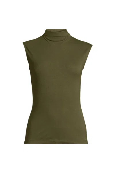 Lands' End Women's Plus Size Cap Sleeve Drapey Rib Fitted Funnel Neck Tank In Green