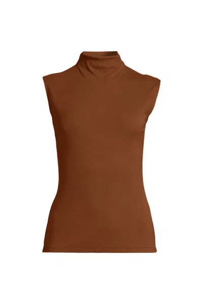 Lands' End Women's Plus Size Cap Sleeve Drapey Rib Fitted Funnel Neck Tank In Brown