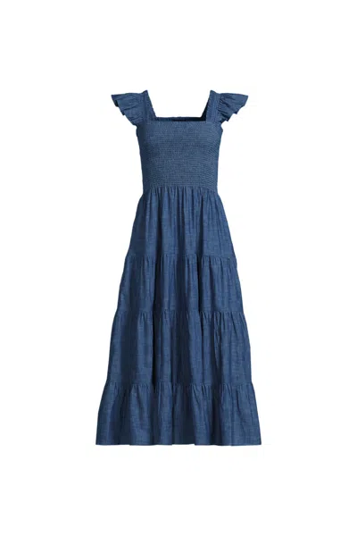 Lands' End Women's Plus Size Chambray Smocked Dress With Ruffle Straps In Blue