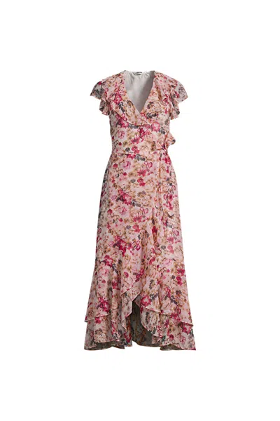 Lands' End Women's Plus Size Chiffon Flutter Sleeve V-neck Wrap Maxi Dress In Pink