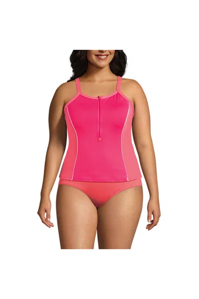 Lands' End Women's Plus Size Chlorine Resistant High Neck Zip Front Racerback Tankini Swimsuit Top In Pink