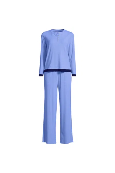 Lands' End Women's Plus Size Comfort Rib 2 Piece Pajama Set - Long Sleeve Top And Pants In Blue