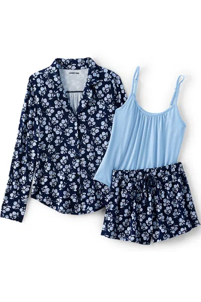 Lands' End Women's Plus Size Cooling 3 Piece Pajama Set - Long Sleeve Top Cami And Shorts In Blue