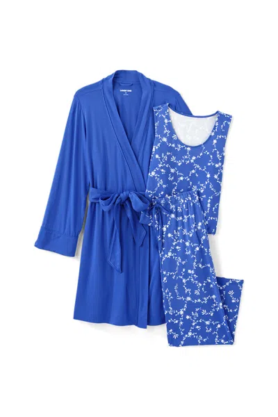 Lands' End Women's Plus Size Cooling 3 Piece Pajama Set - Tank Crop And Robe In Blue