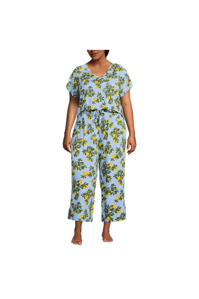 Lands' End Women's Plus Size Cooling Pajama Set - Short Sleeve Top And Crop Pants In Blue