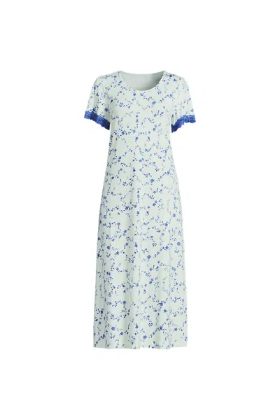 Lands' End Women's Plus Size Cooling Short Sleeve Scoop Neck Mid Calf Nightgown In Blue