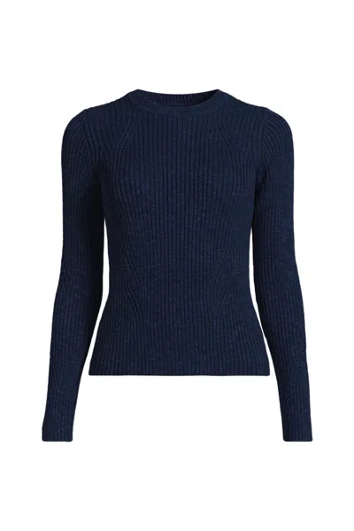 Lands' End Women's Plus Size Cotton Blend Marl Ribbed Crew Neck Sweater In Blue